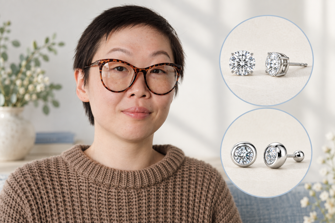眼鏡を掛けた女性と4本爪の一粒ピアスと覆輪留めの一粒ピアスを組み合わせたイメージ