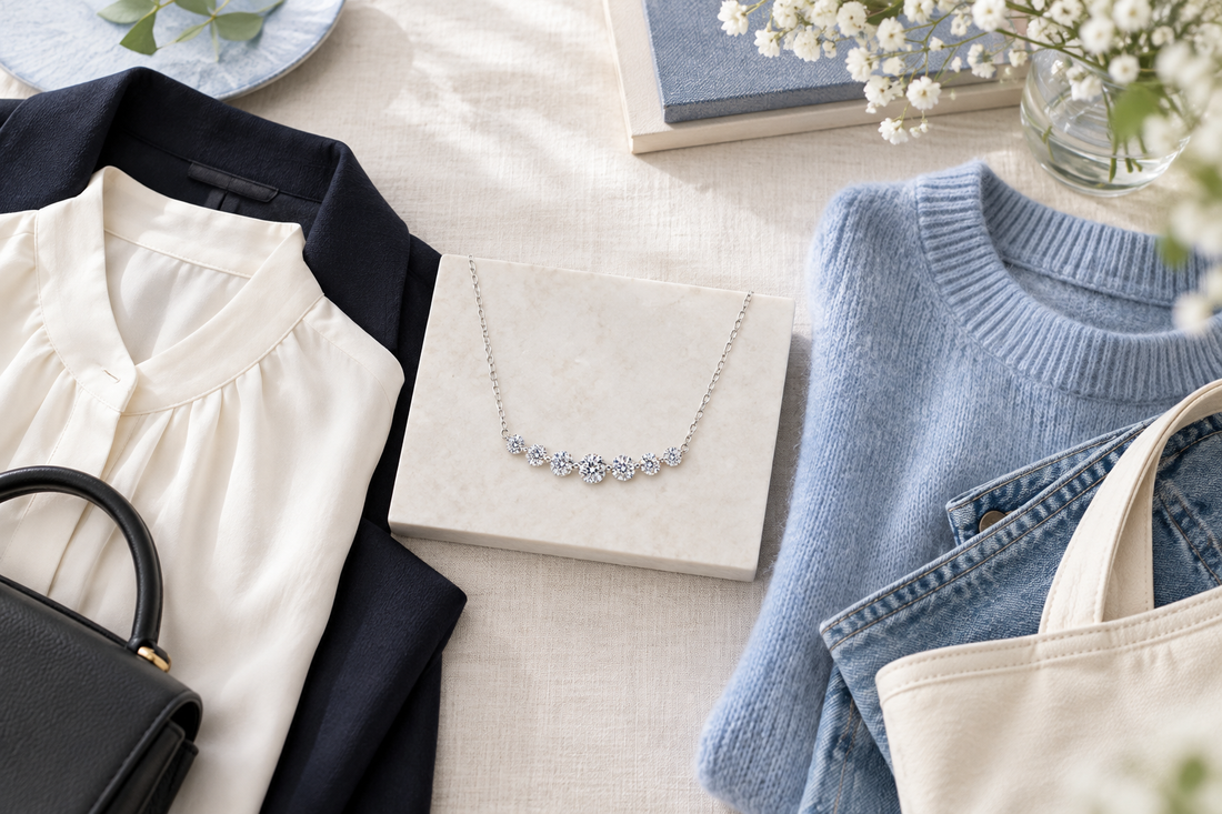 弧を描く7石のネックレスを配したジュエリーのイメージ