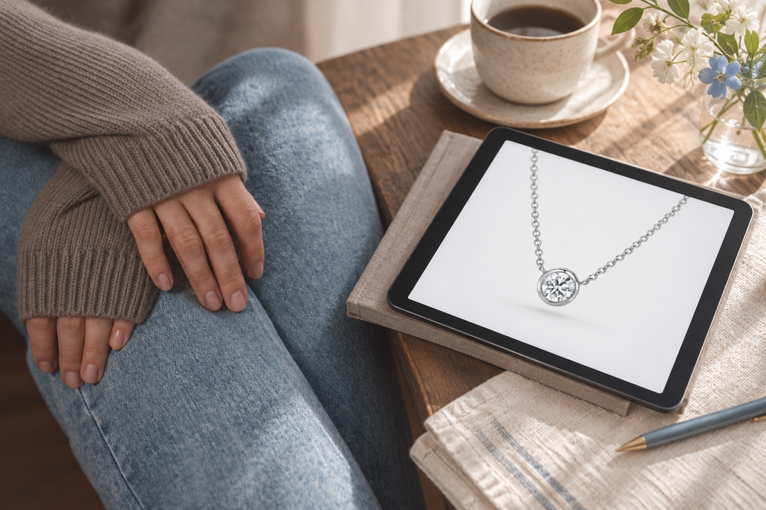 デニムに重ねた手元と、ネックレスを表示したタブレット