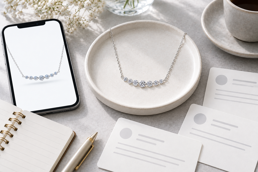 スマートフォンの画面とトレーに並ぶ7石のネックレス